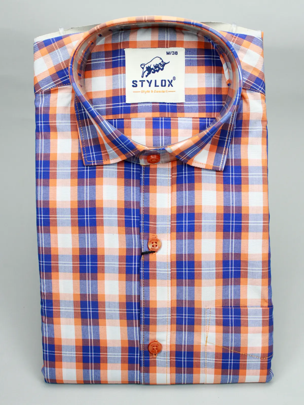 Men's Orange & Blue Plaid Check Shirt | Vibrant Casual Wear