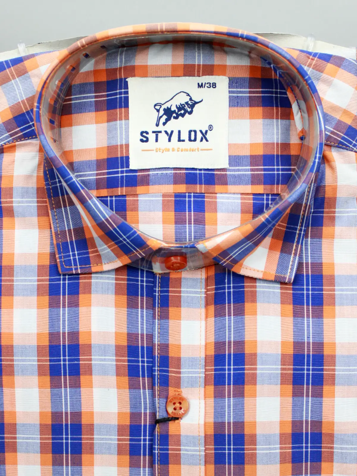Men's Orange & Blue Plaid Check Shirt | Vibrant Casual Wear