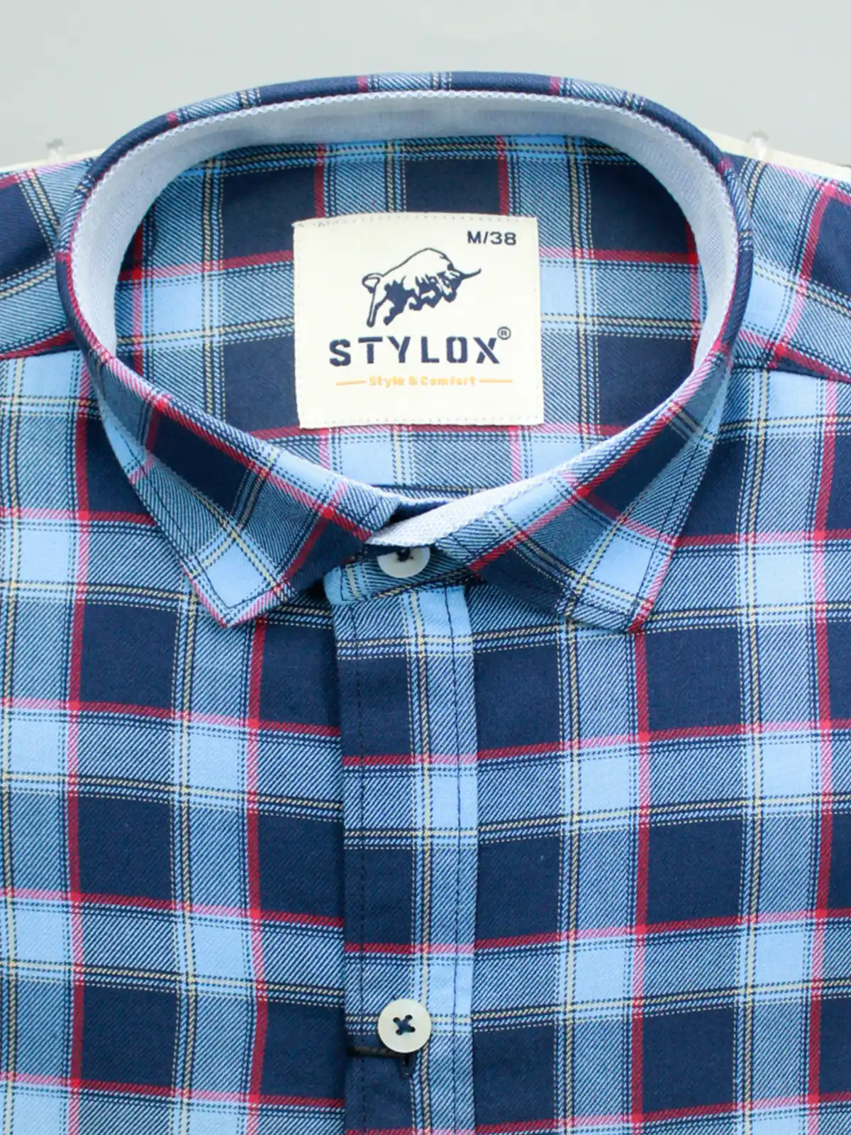 Men's Navy & Sky Blue Plaid Cotton Shirt.
