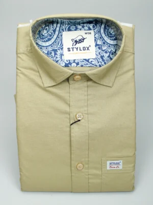 Men's Beige Oxford Cotton Shirt | Contrast Collar Lining Casual Wear