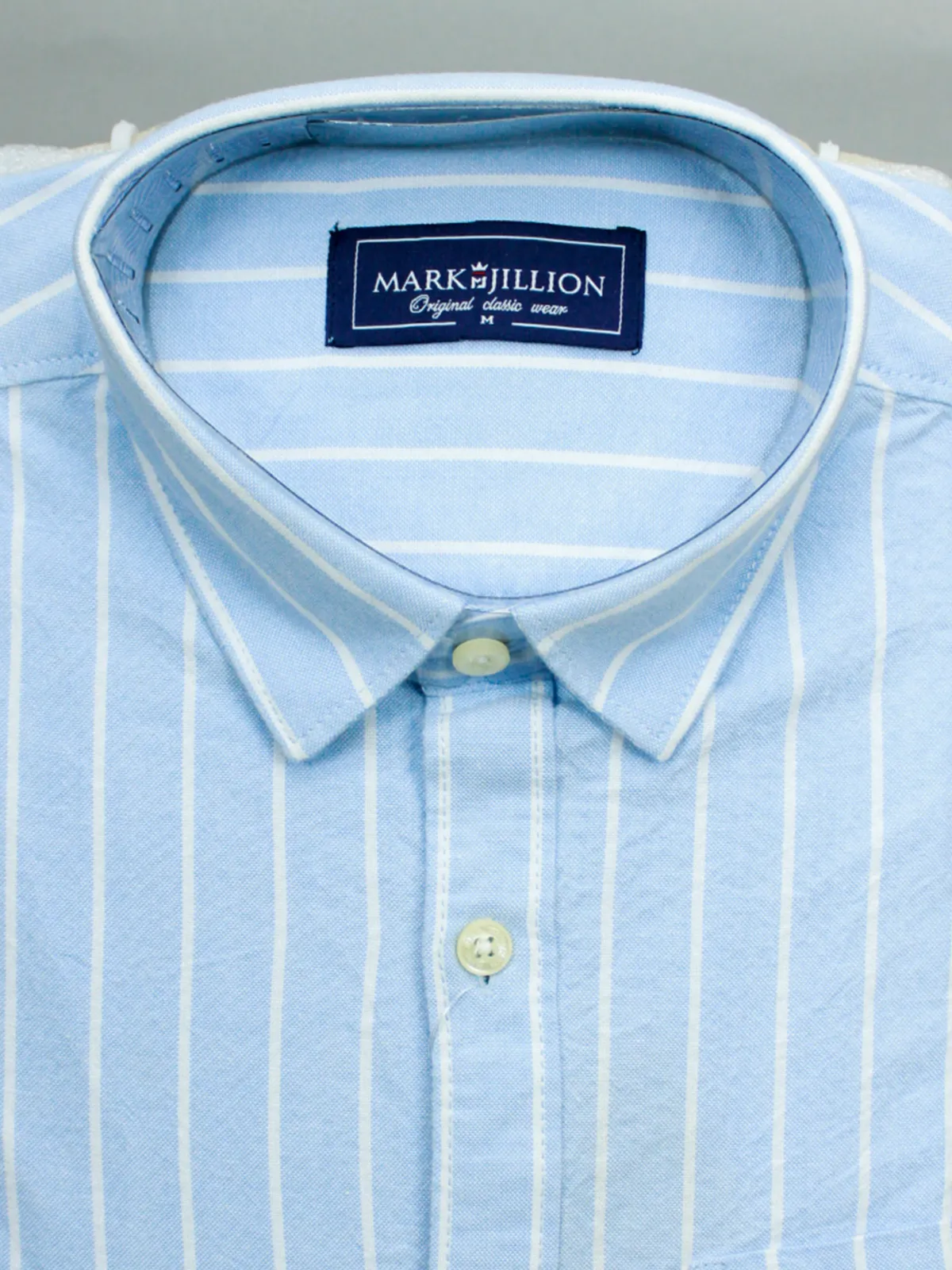 Men's Sky Blue & White Striped Cotton Shirt | Classic Vertical Stripe